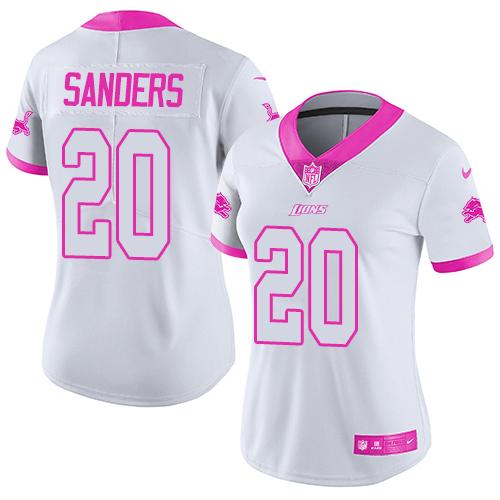 Nike Lions #20 Barry Sanders White/Pink Women's Stitched NFL Limited Rush Fashion Jersey